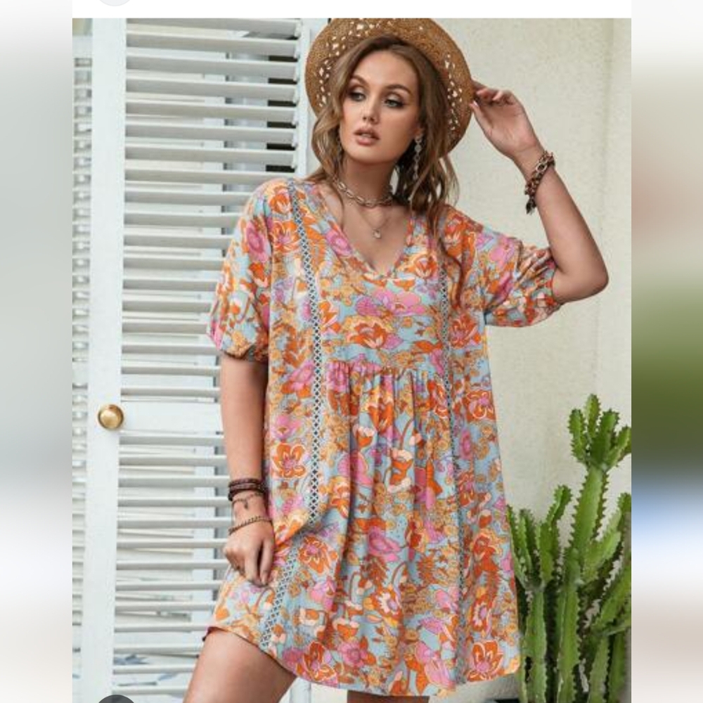 RusttyDustty Boho Floral V-Neck Mini Dress - Picture 8 of 8